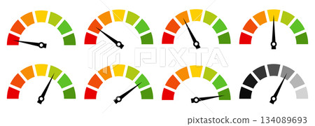Set of colorful speed gauges and performance meters with needles pointing to different levels, representing rating, progress, evaluation, efficiency, load, quality, measurement, performance indicators 134089693