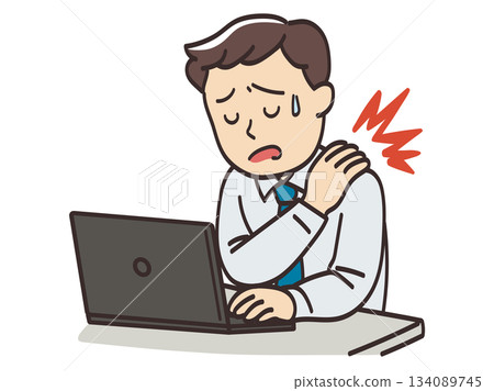 Illustration of a male businessman suffering from stiff shoulders due to desk work Illustration of a male businessman suffering from stiff shoulders due to desk work 134089745