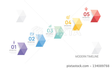 Infographics geometric arrow symbol timeline business 5 steps to success template. Infographics geometric arrow symbol timeline business 5 steps to success template. 134089788