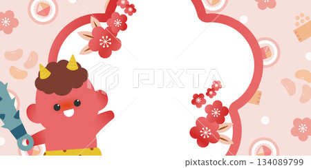 節分紅鬼梅花邊框背景插圖（撒豆和江方捲）留白邊 134089799