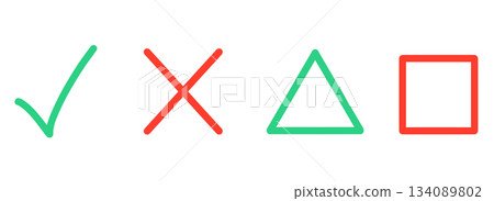 Simple red check, cross, triangle, and square marks 134089802