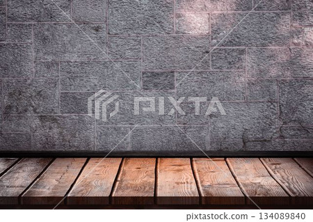 Flat design illustration is featuring wooden platform with textured stone brick wall and dark trim 134089840