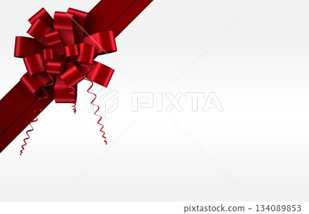 Featuring flat red satin ribbon bow with curled strands and diagonal strips on light-gray gradient 134089853