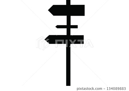 Directional black signpost is standing tall in flat design with four arrow boards, copy space Directional black signpost is standing tall in flat design with four arrow boards, copy space 134089883