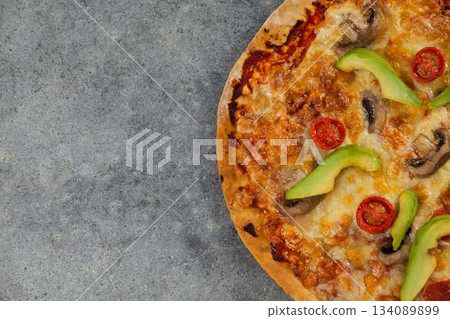 Fresh pizza on gray table Fresh pizza on gray table 134089899