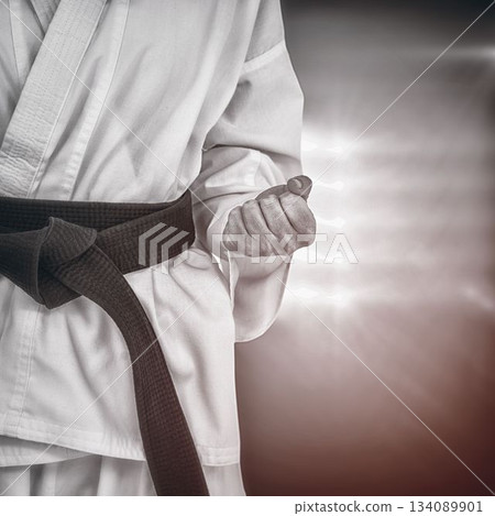 Midsection of martial artist with fist Midsection of martial artist with fist 134089901