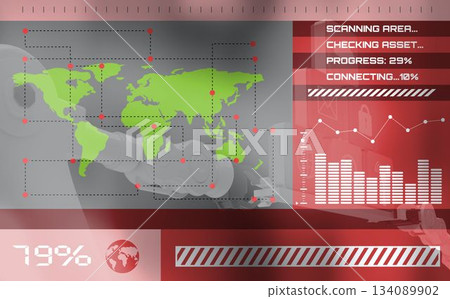 Digital image of world map with text on screen Digital image of world map with text on screen 134089902