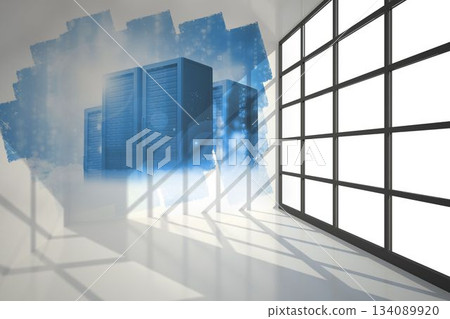 Abstract screen in room showing server towers Abstract screen in room showing server towers 134089920