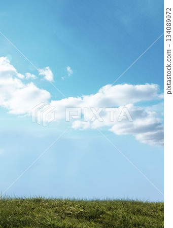 Grassy field is being shown in flat design, with green grass, white clouds under blue sky 134089972