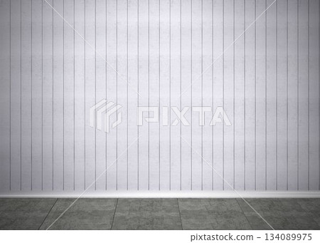 Vector illustration is featuring grey paneled wall meeting concrete tiled floor, white baseboard 134089975