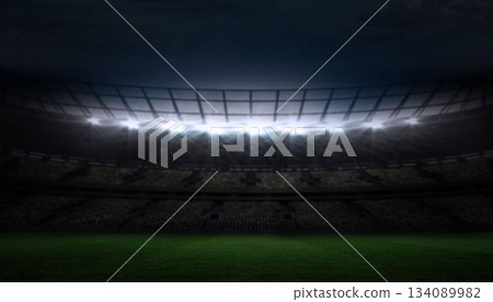 Flat design empty sports stadium is glowing under floodlights at night, featuring green grass pitch Flat design empty sports stadium is glowing under floodlights at night, featuring green grass pitch 134089982
