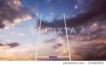 White goalpost standing on empty field against dramatic purple and gold sunrise sky in flat design White goalpost standing on empty field against dramatic purple and gold sunrise sky in flat design 134089998