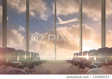 Airplane flying past departures lounge window Airplane flying past departures lounge window 134090015