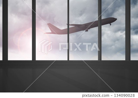 Airplane flying past windows Airplane flying past windows 134090028