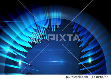3D render is showing glowing stylized globe with rising cyan data bars and binary digits overlay 134090043