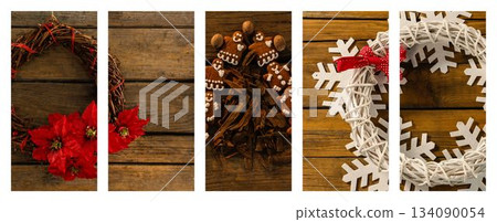 Showing wreaths and cookies on wood panels, poinsettia cinnamon sticks snowflakes ribbon copy space Showing wreaths and cookies on wood panels, poinsettia cinnamon sticks snowflakes ribbon copy space 134090054