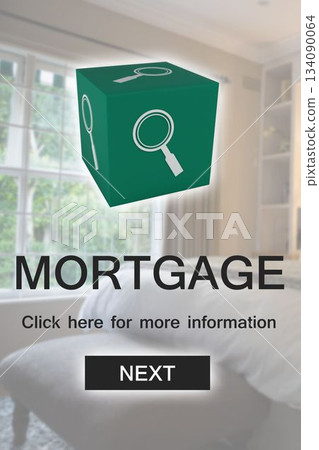 Digital image of mortgage text with icon and bedroom Digital image of mortgage text with icon and bedroom 134090064