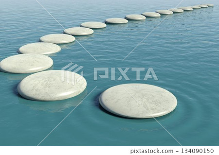 Chain of floating circular stone platforms is curving across calm blue water in flat design Chain of floating circular stone platforms is curving across calm blue water in flat design 134090150