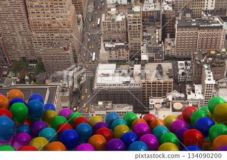 Many colourful balloons above city Many colourful balloons above city 134090200