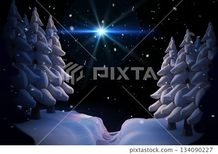 Nighttime winter forest scene is showing flat design with snowdrifts, pines, bright star lens flare Nighttime winter forest scene is showing flat design with snowdrifts, pines, bright star lens flare 134090227