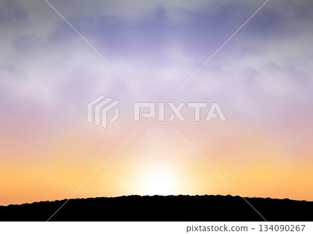 Flat design is capturing rising sun glowing behind rocky ridge silhouette against gradient sky Flat design is capturing rising sun glowing behind rocky ridge silhouette against gradient sky 134090267