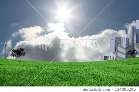 Flat design green energy landscape is showing hill with wind turbines and trees by city skyscrapers Flat design green energy landscape is showing hill with wind turbines and trees by city skyscrapers 134090290