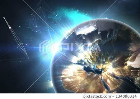 Vector showing Earth glowing city lights sun rising radiating data beams network lines in space Vector showing Earth glowing city lights sun rising radiating data beams network lines in space 134090314