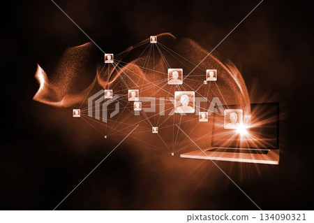digital network is glowing from laptop in flat style, showing user icons with lines and particles 134090321