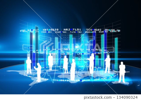 Business silhouettes are gathering in flat analytics hub on world map, with holographic charts 134090324