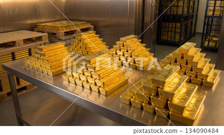 Gold bars stacked in vault room, gold bars arranged in pyramids on steel table with pallets and racks in background, gold bars symbol of wealth, savings, investment concept, luxury finance theme 134090484