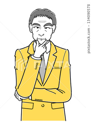 Middle-aged man in a suit with his hand on his chin, upper body (simple) Middle-aged man in a suit with his hand on his chin, upper body (simple) 134090578