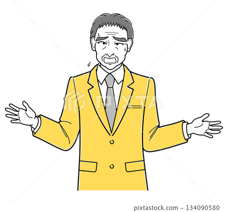 一位身穿西裝的中年男子，張開雙臂，神情煩躁地說話，上半身（簡體） 134090580