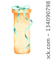 Gift bag, box decorated with a turquoise bow on top. Watercolor illustration. Hand drawn isolated art. Suitable for New Year's and holiday designs, cards, invitations for Christmas, winter holidays. 134090798