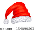 Santa Hat. Red hat with fluffy white trim and a pom pom. Watercolor, marker illustration. Hand drawn isolated art. Perfect for cards, packaging and Christmas projects. A perfect New Year's look. 134090803