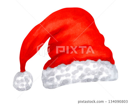 Santa Hat. Red hat with fluffy white trim and a pom pom. Watercolor, marker illustration. Hand drawn isolated art. Perfect for cards, packaging and Christmas projects. A perfect New Year's look. Santa Hat. Red hat with fluffy white trim and a pom pom. Watercolor, marker illustration. Hand drawn isolated art. Perfect for cards, packaging and Christmas projects. A perfect New Year's look. 134090803