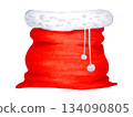 Santas red sack with a fluffy white trim on top. Watercolor and marker illustration. Hand drawn isolated art. A classic New Year image associated with gifts, Christmas and the winter holidays. 134090805