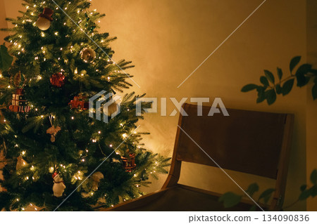 a cozy interior space with wooden chairs and Christmas trees 134090836