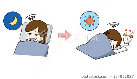 Illustration of a woman who can't sleep and wakes up Illustration of a woman who can't sleep and wakes up 134091027