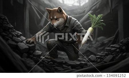 在一片廢墟之中，一隻柴犬找到了一粒充滿希望的蘿蔔。 134091252