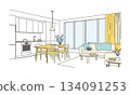 Stylish living, dining and kitchen image illustration material Stylish living, dining and kitchen image illustration material 134091253