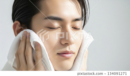 一名亞洲男子用毛巾擦臉 134091271