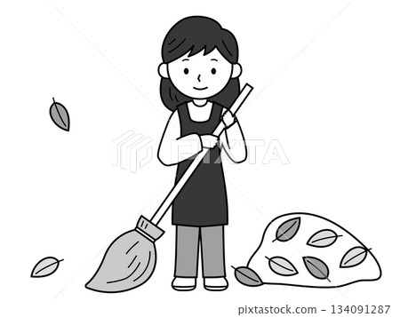 一幅單色插圖，描繪了一位女子正在清掃落葉。 134091287