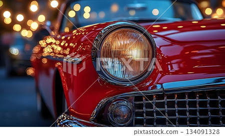 Classic Red Car Headlight with Bokeh Lights and Chrome Detailing 134091328