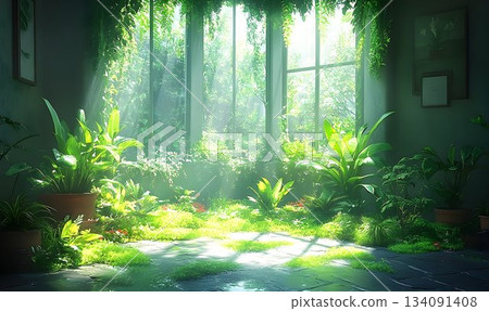 Lush Indoor Garden with Sunlight Streaming Through a Large Windo Lush Indoor Garden with Sunlight Streaming Through a Large Windo 134091408