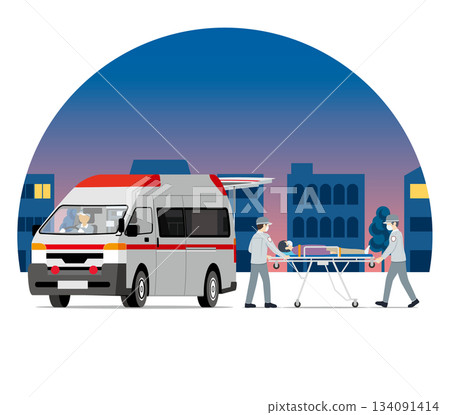 Ambulance, emergency transport, emergency team set Night cityscape Ambulance, emergency transport, emergency team set Night cityscape 134091414