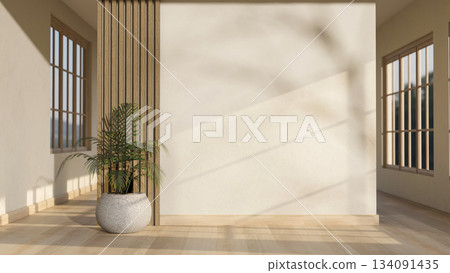 Empty white wall with a potted plant in the middle of a wooden parquet floor corridor of a building. 134091435
