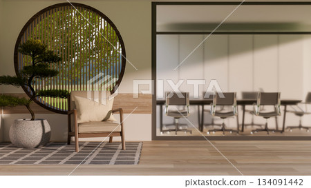 White wall with oriental circular window and bonsai between meeting room and resting area in company White wall with oriental circular window and bonsai between meeting room and resting area in company 134091442