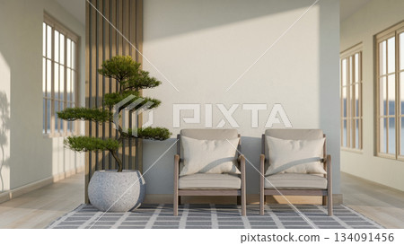 Armchairs and bonsai pot placing near the wall in the middle of a wooden floor corridor in building. 134091456