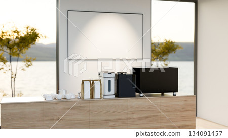 White board hanging over wooden counter bar with coffee making machines, bean bags and cups in cafe. 134091457