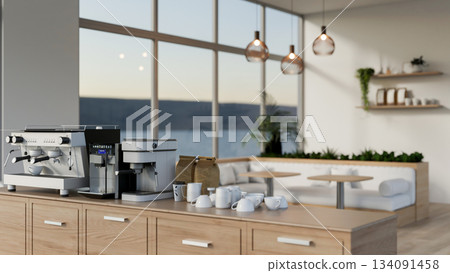 Wooden counter bar with coffee making machines, coffee bean bags and cups in a cafe or coffee house 134091458